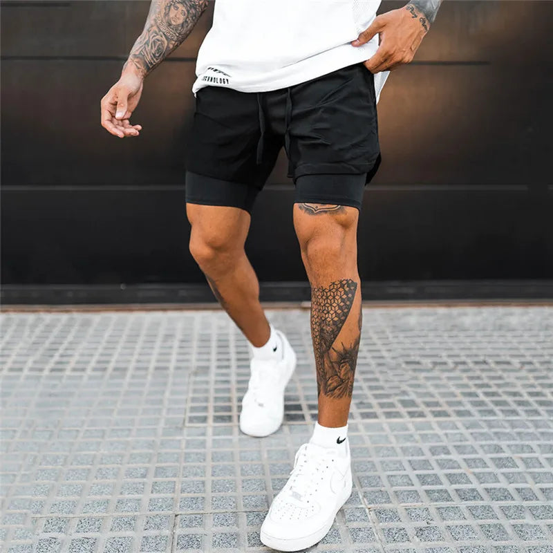 NEUE 2-IN-1 Sport Laufen Lässige Atmungsaktive Shorts Männer Doppel-deck Jogging Quick Dry GYM Shorts Fitness Workout männer Shorts