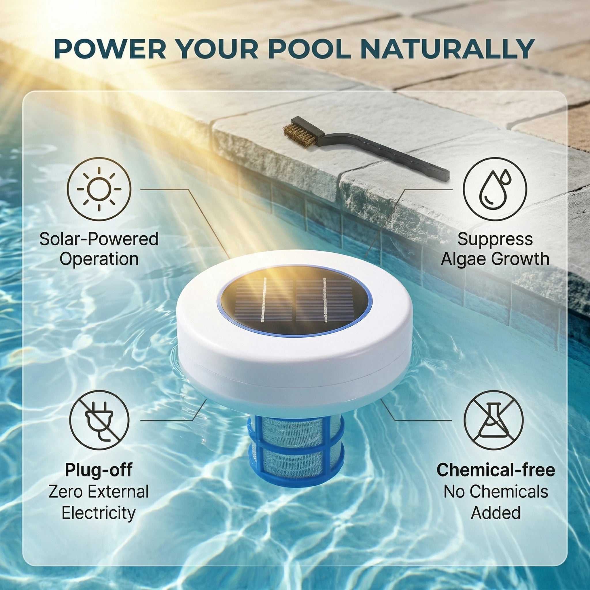 Solar-Pool-Reiniger, chlorfreier Wasserprozessor, Solar-Pool-Ionisator, Hemmungswerkzeuge für Wasseralgen, Reinigungswerkzeuge für Schwimmbäder