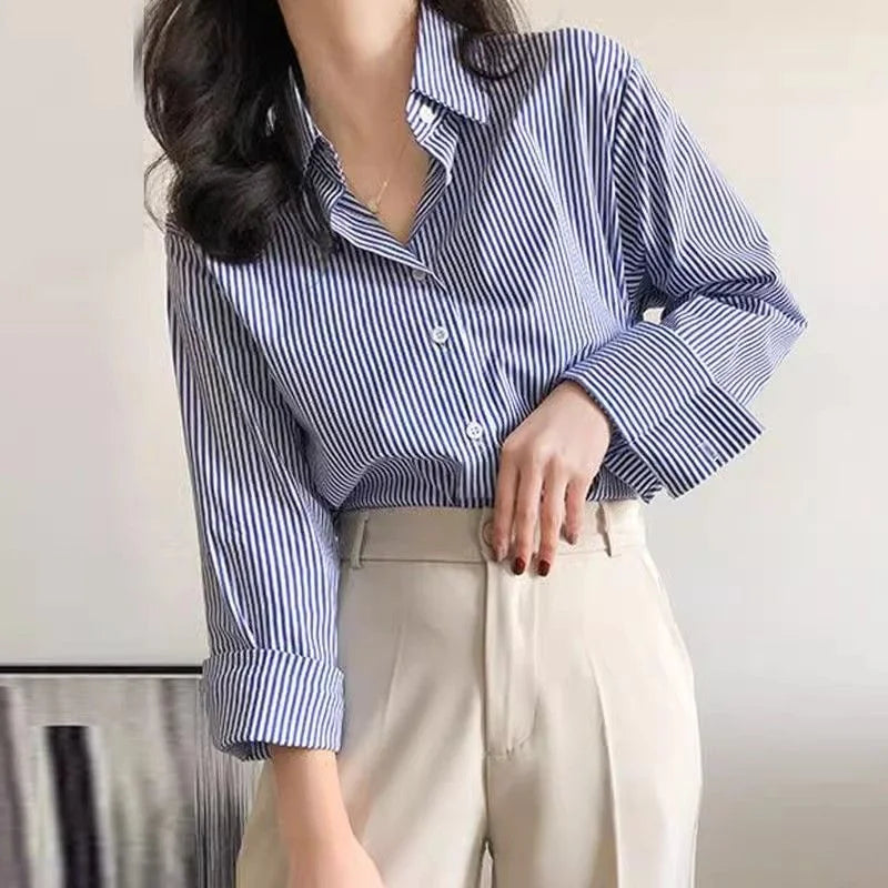 Klassische Gestreifte Frau Frühling Herbst Blusen Hemd Dame Lange Laterne Hülse Stehkragen Lose Blusas Tops