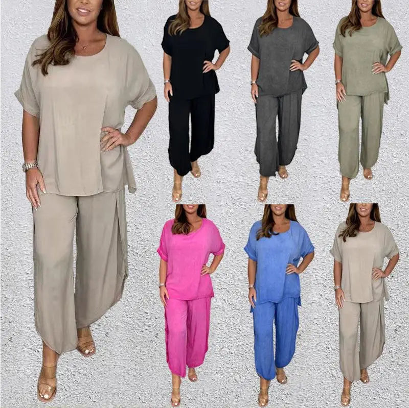 Angebot 15,eur, Einfarbige Hose setzt Frauen kurze Ärmel o Hals T-Shirt und lockere Hose mit weitem Bein zweiteilig Set Mode lässig Dame Anzug