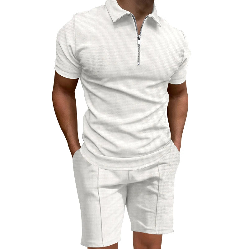 Grenzüberschreitendes  Sommer-Herren-Poloshirt-Set, einfarbig, Waffel, kurzärmelig, schmales Revers-T-Shirt, lässiges Herren-Set