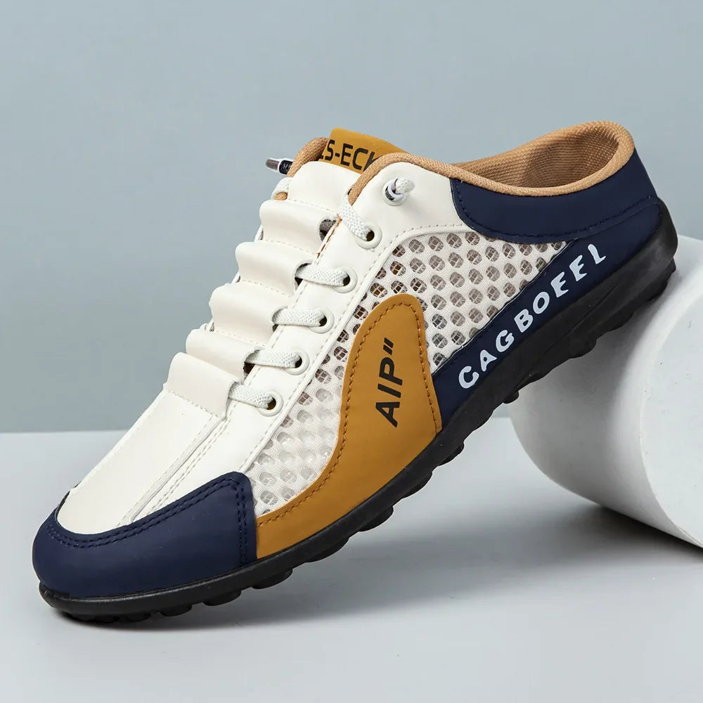 Herren Sommer Neue Atmungsaktive Offene Zehenpartie Slipper Lässige Halbschuhe für Draußen mit EVA-Einlegesohle und Mesh-Futter im Farbblock-Design