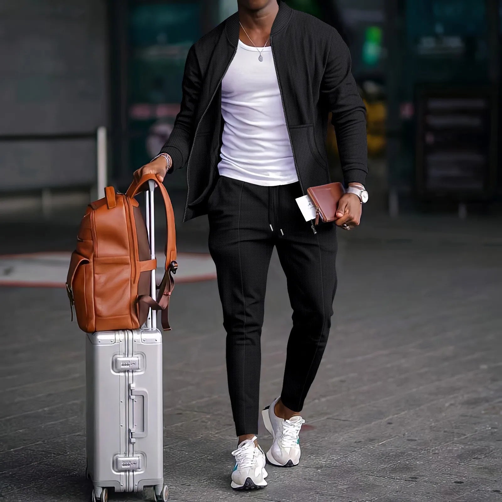 Herrenbekleidung 2026, Neue Frühlings- und Herbst : Stehkragen-Set in Unifarben, Baseball-Casual-Stil, Waffelstruktur-Hose, Zweiteiliger Anzug