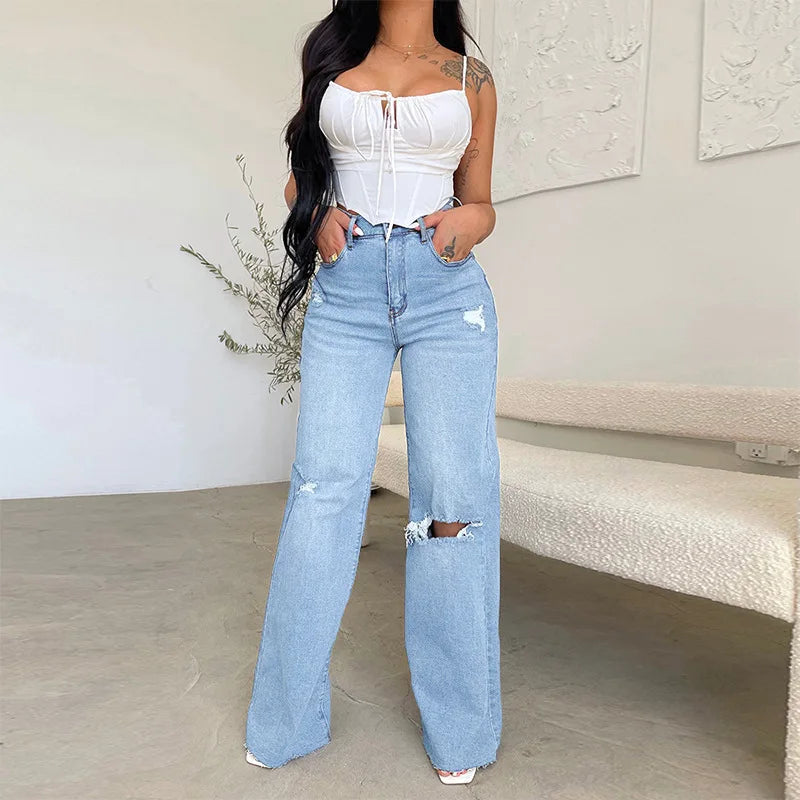 2026 Damen-Jeans mit hohem Bund, zerrissen, mit offener Kante, heiß begehrt, bequeme Wide-Leg-Hose