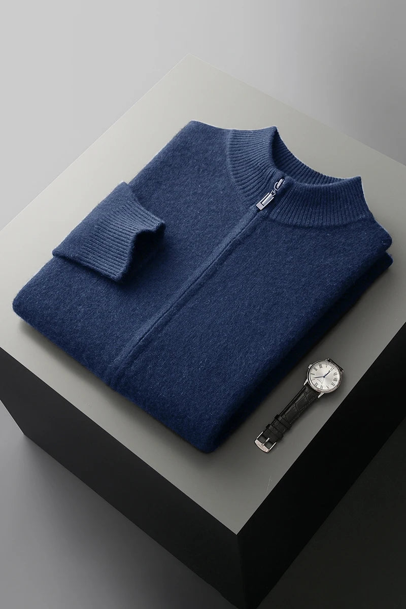 Merinowolle,100 %  warmer Herrenpullover, Stehkragen, verdickte Strickjacke mit Reißverschluss, Herbst-Winter, neue Kaschmir-Strick-Langarm-Tops