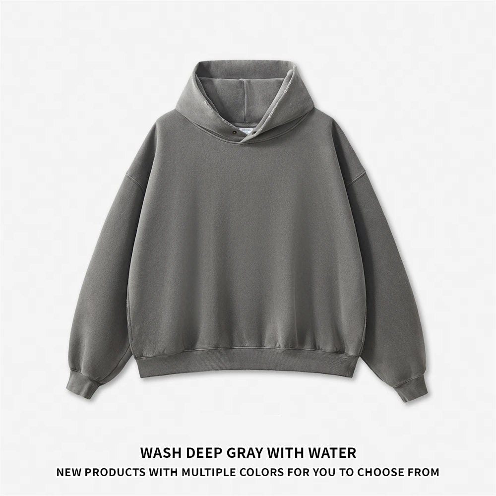 Vintage Mann gewaschen Boxy Fleece Hoodie Unisex lose zerrissene warme Knopf Winter Kapuzenpullover Markenkleidung HY0053