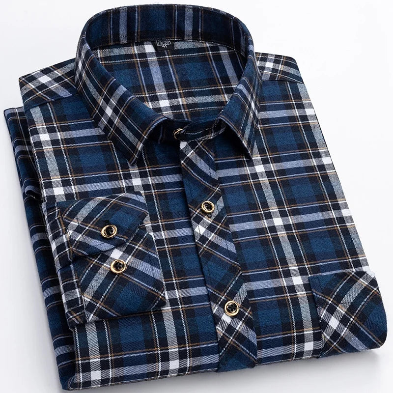 M-6XL Herren Flanell hemden aus reiner Baumwolle Langarm Single Pocket Casual Plaid dicke weiche gemütliche gebürstete Hemden Bluse Männer Kleidung