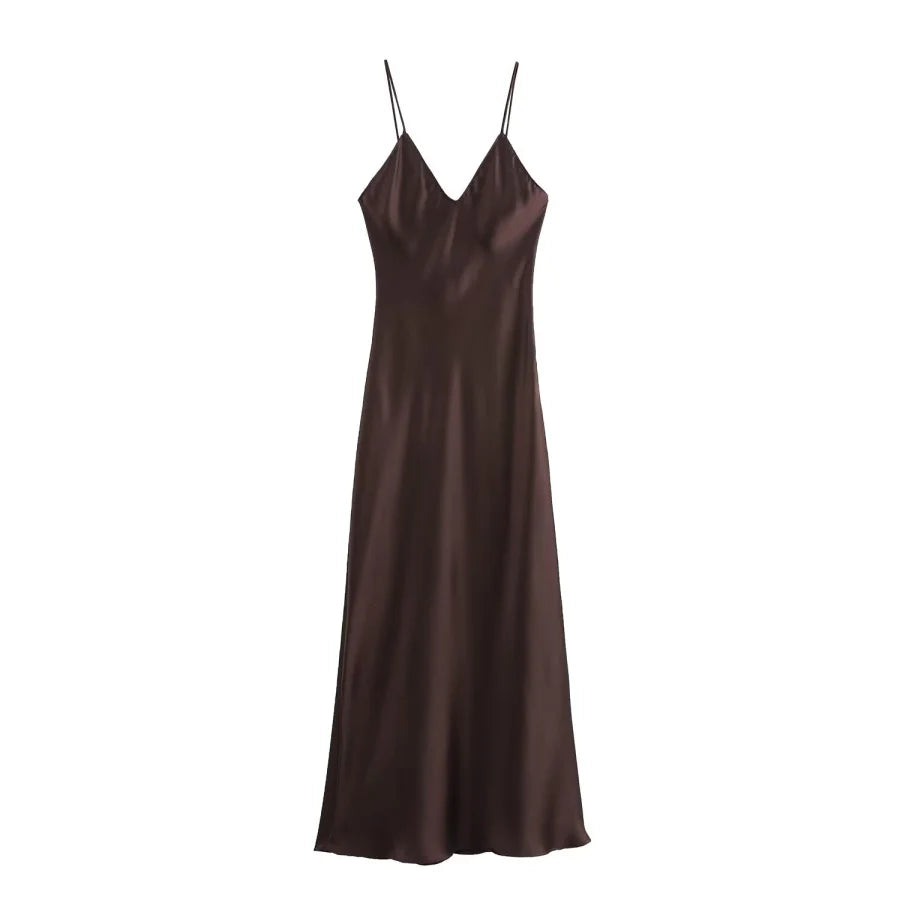 Neues elegantes Damen-Midikleid aus Seidensatin mit sexy Rückenausschnitt für Partys.