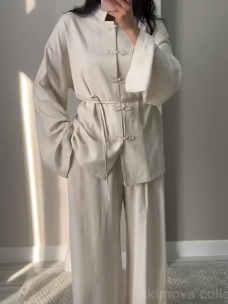 Lässiges chinesisches Hemd-Hosen-Set für Damen: Stehkragen, Langarm, Einreiher, lockere Hemden und Hosen, Streetwear-Outfit für Damen