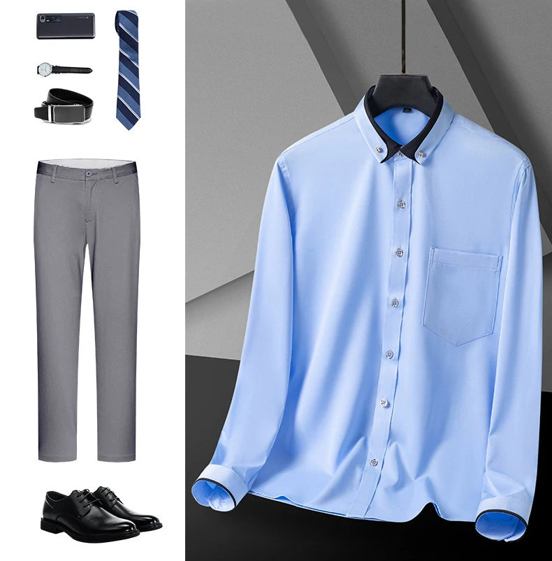 Neue Mode Frühjahr Elastische Nicht-eisen Langarm-shirt Männer der Jugend Kristall Taste Patchwork Kragen Nicht Baumwolle Business hemd Männer