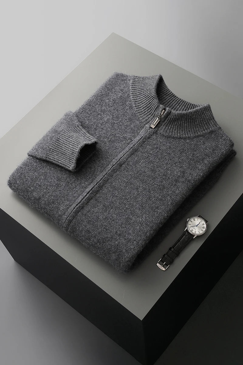 Merinowolle,100 %  warmer Herrenpullover, Stehkragen, verdickte Strickjacke mit Reißverschluss, Herbst-Winter, neue Kaschmir-Strick-Langarm-Tops