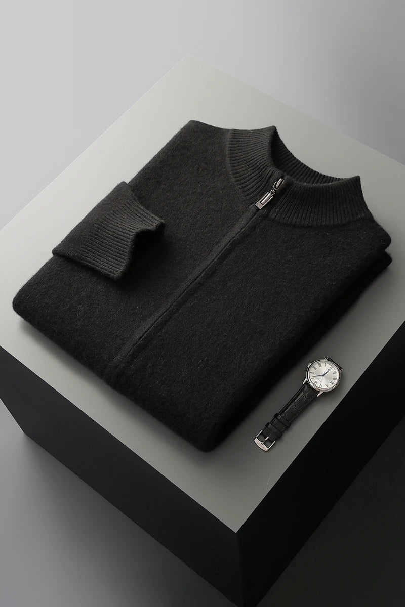 Merinowolle,100 %  warmer Herrenpullover, Stehkragen, verdickte Strickjacke mit Reißverschluss, Herbst-Winter, neue Kaschmir-Strick-Langarm-Tops