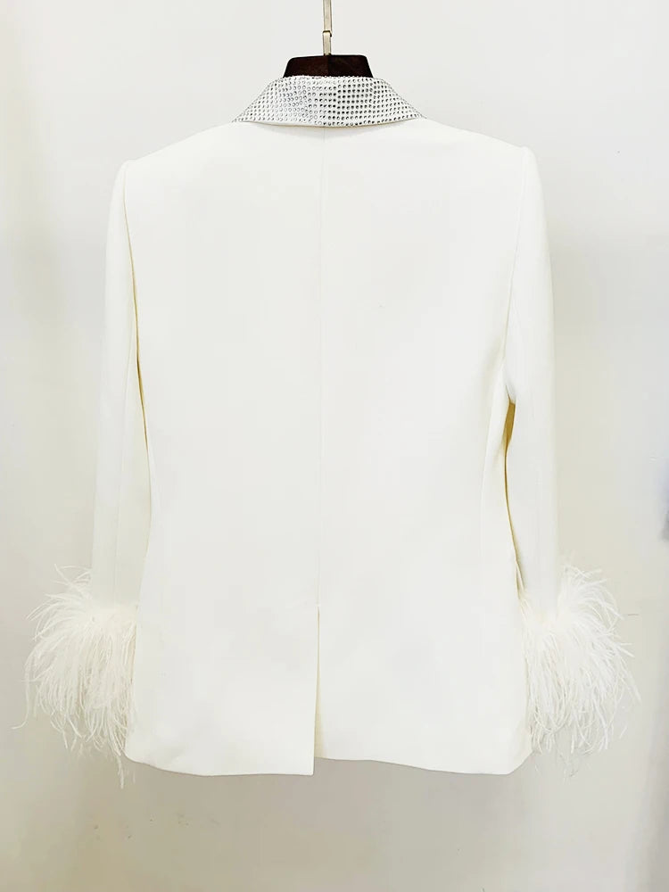 Angebot ,51,99 eur, HIGH STREET Mode 2026 Designer-Jacke Damen Echte Straußenfeder-Jacke mit Diamanten-Verzierung Schalkragen-Blazer