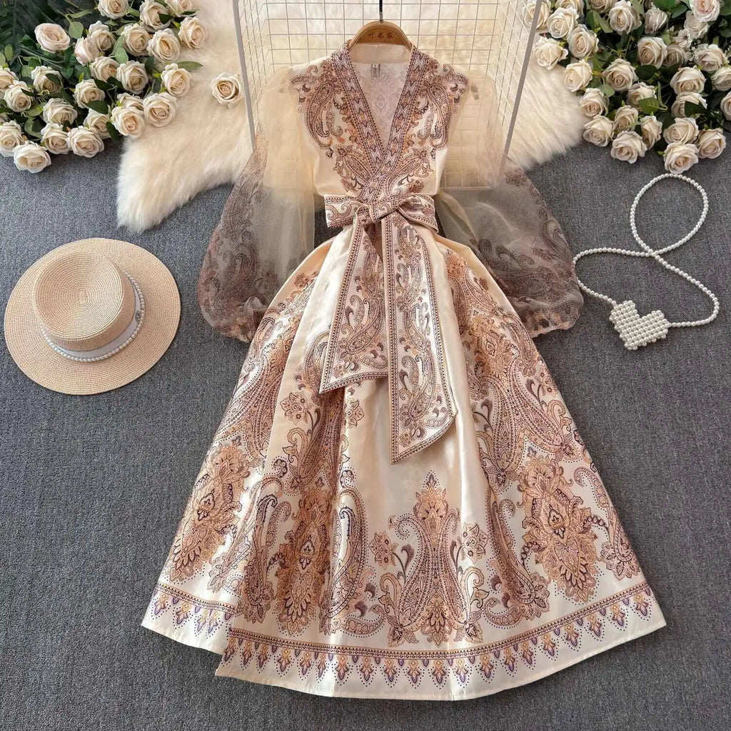 Jamerary Sommer Bohemian Blumen Midi Kleider Frauen kurze Puff Ärmel Kreuz V-Ausschnitt Blumen druck Bandage Schnür Robe lange Vestido