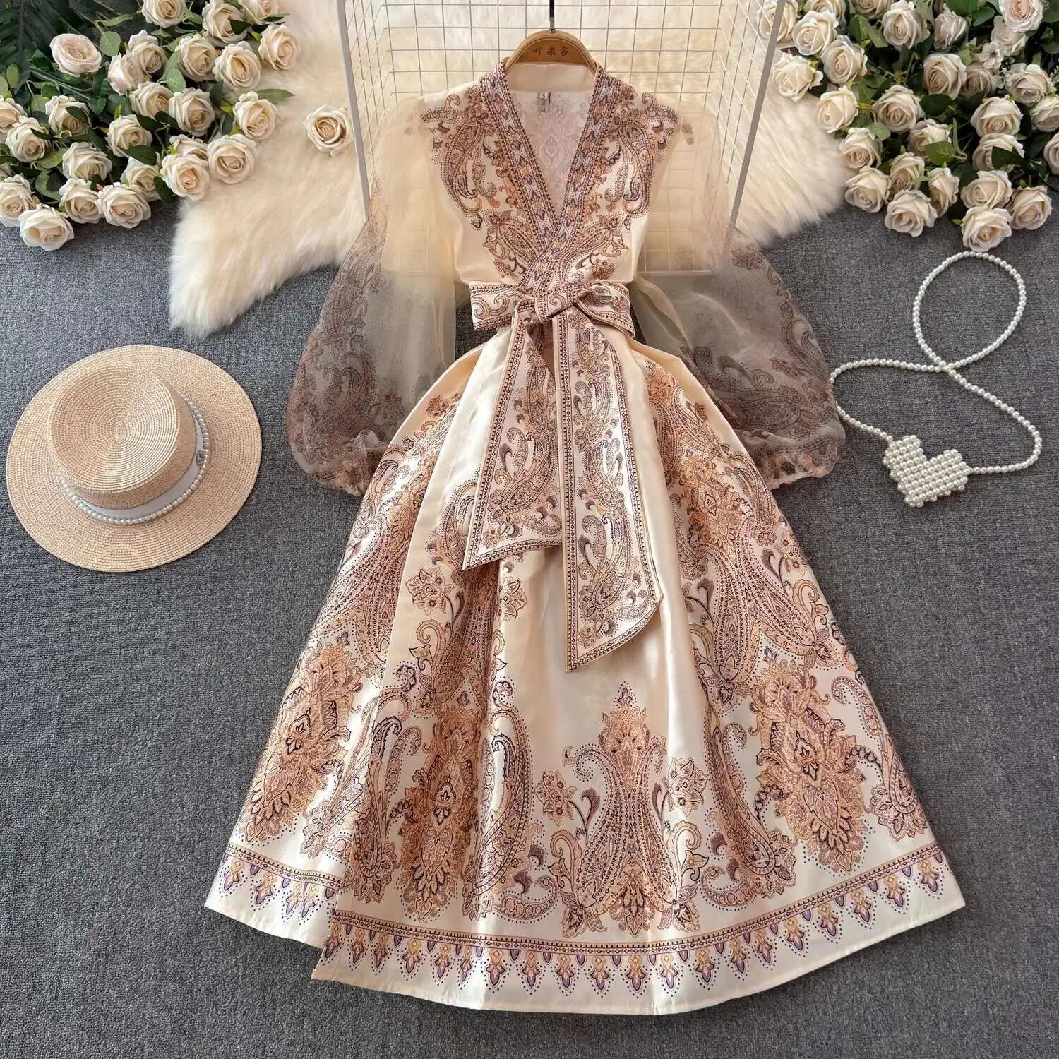 Jamerary Sommer Bohemian Blumen Midi Kleider Frauen kurze Puff Ärmel Kreuz V-Ausschnitt Blumen druck Bandage Schnür Robe lange Vestido