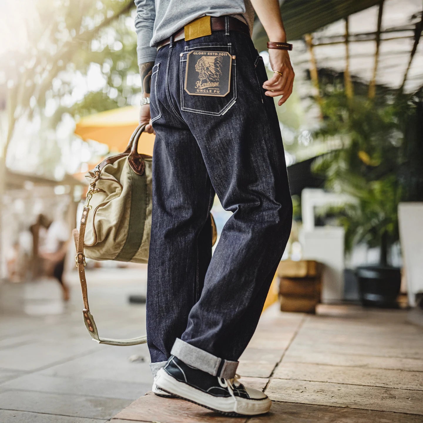 Maden Vintage 12oz One-Washed Denim Jeans für Herren, gerade Hose mit weitem Bein, lockere Passform, Freizeithose mit Reißverschluss für Herbst und Winter