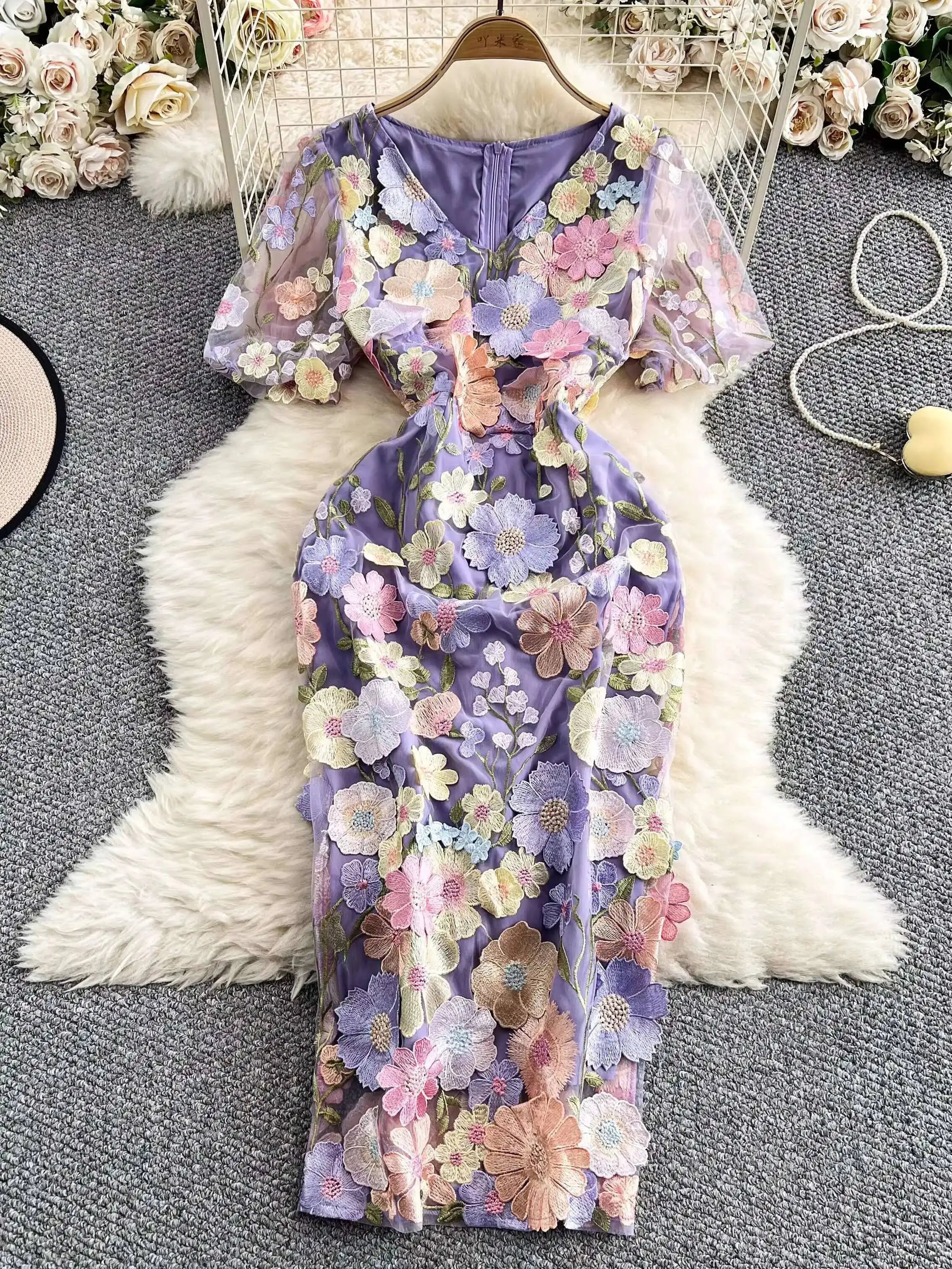 Sommer Luxus Midi Lange Kleider Party Elegante 3D Blume Stickerei Kurzarm Bleistift Tüll Prom Formale Kleid Frauen