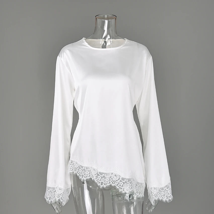 Linad Elegante Weiße Spitzenbluse mit Trompetenärmeln für Damen 2026 Vintage Satin Asymmetrische Hemden Lässige O-Ausschnitt Pullover Tops
