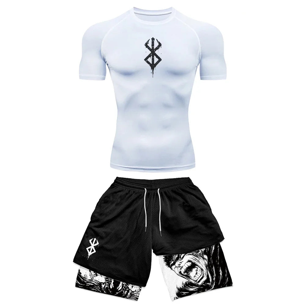 Anime 3D-gedrucktes Herren-Kompressionsset, kurzärmeliges Gym-Top + Workout-Shorts, schnell trocknend, atmungsaktiv, Leichtathletik-Rashguard-Set