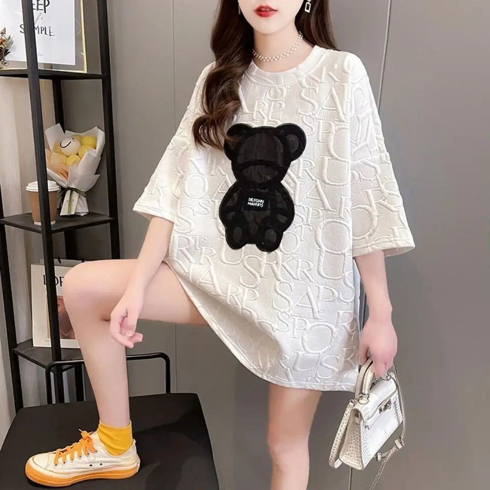 Frauen T-shirts Harajuku Mädchen Plus Größe Tops Brief Jacquard Oansatz Kurzen Ärmeln Lose Sommer T-shirt Bär Weiß Tees M-2XL