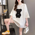 Frauen T-shirts Harajuku Mädchen Plus Größe Tops Brief Jacquard Oansatz Kurzen Ärmeln Lose Sommer T-shirt Bär Weiß Tees M-2XL