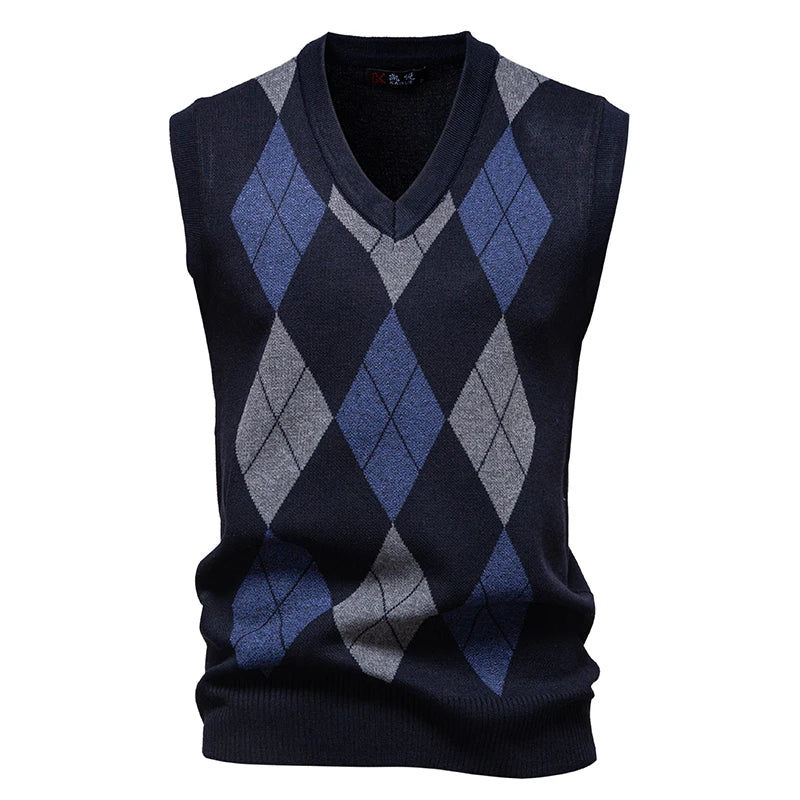 Herren Strickweste Mode Pullover Weste Argyle Muster Weste Fleece gefüttert warme Westen