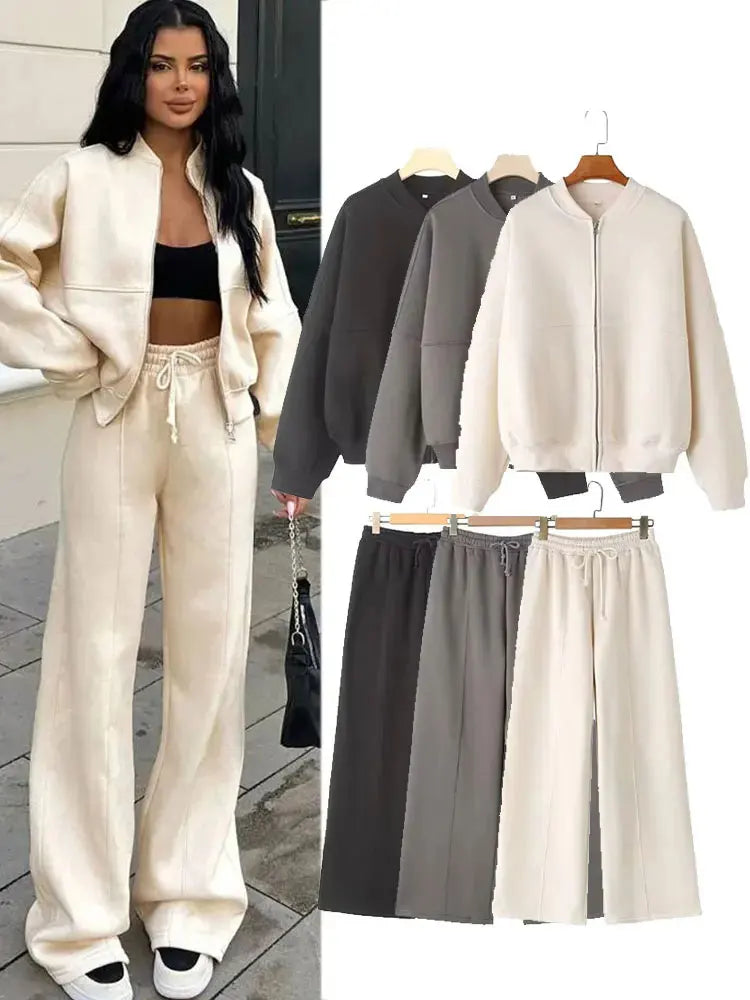 HH Damen Herbst 2-teilig Retro einfarbig Reißverschluss Bomberjacke Sweatshirt + hohe Taille Schnürung Damen Hose mit weitem Bein Street Wear