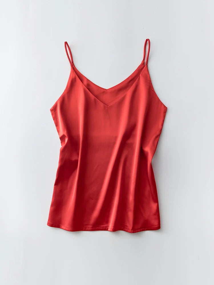 Spaghettiträger-Top für Damen, Neckholder, V-Ausschnitt, Basic, weiß, Cami, ärmellos, Satin-Seiden-Tanktops, Damen-Sommer-Unterhemd