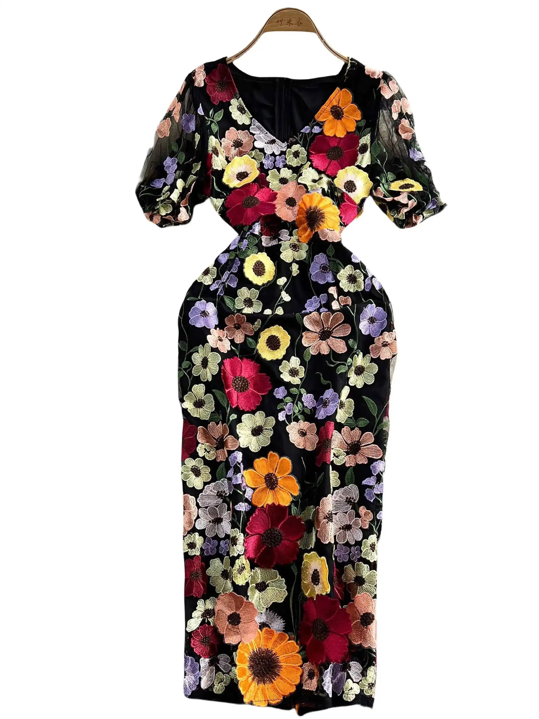 Sommer Luxus Midi Lange Kleider Party Elegante 3D Blume Stickerei Kurzarm Bleistift Tüll Prom Formale Kleid Frauen