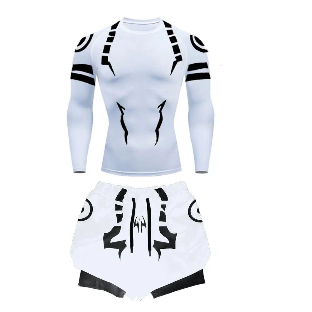 Anime Jujutsu Kaisen Kompressionsset Fitnessanzug für Herren, schnell trocknendes 3D-Kompressionsshirt + Fitnessstudio-Shorts, Lauf-Workout-Sportbekleidung