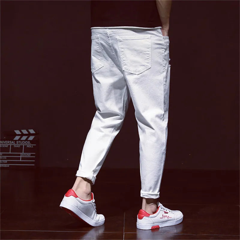 Weiße zerrissene Jeans für Herren, Harem, Jungen, Denim, Distressed, schwarze Hose, Frühling, Sommer, männlich, zerkratzt, Übergröße 40, 42, große Cowboy-Hose