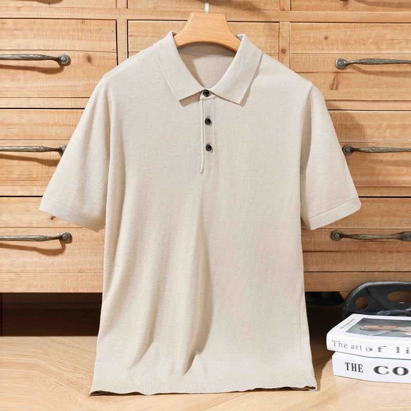 Sommer 100 % Merinowolle Herren Reverspullover Kurzarm POLO-Ausschnitt Pullover lockeres Top Business Casual Strick-T-Shirt