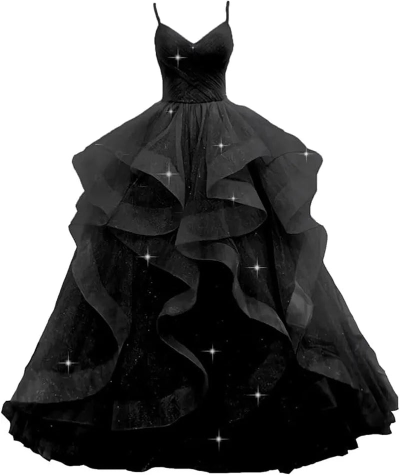 Maßgeschneiderte glitzernde Tüll-Abschlussballkleider, Spaghettiträger, Ballkleider für Frauen, bauschiges, abgestuftes, formelles Abend- und Partykleid
