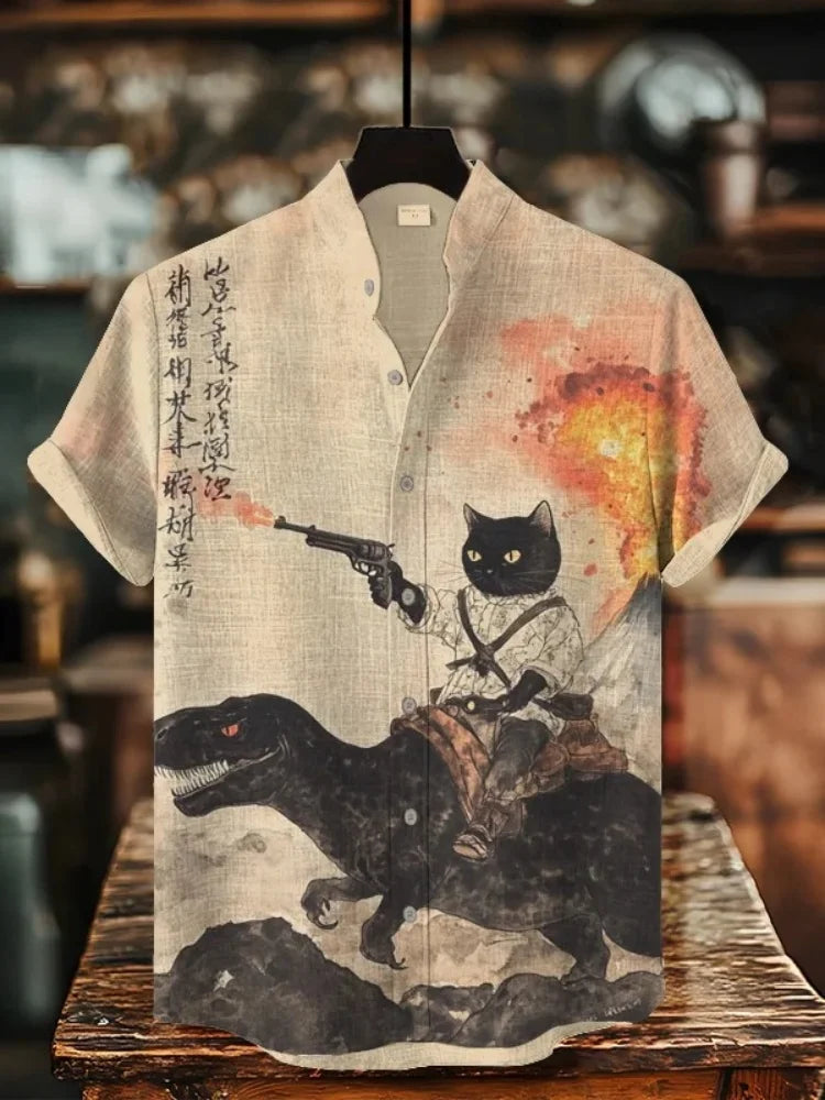 Herren-Retro-Katzenhemd mit lustigem Kalligrafie-Dinosaurier-Vulkaneruption-Print, kurzärmelig, Urlaubsmode, Vintage japanische Kleidung