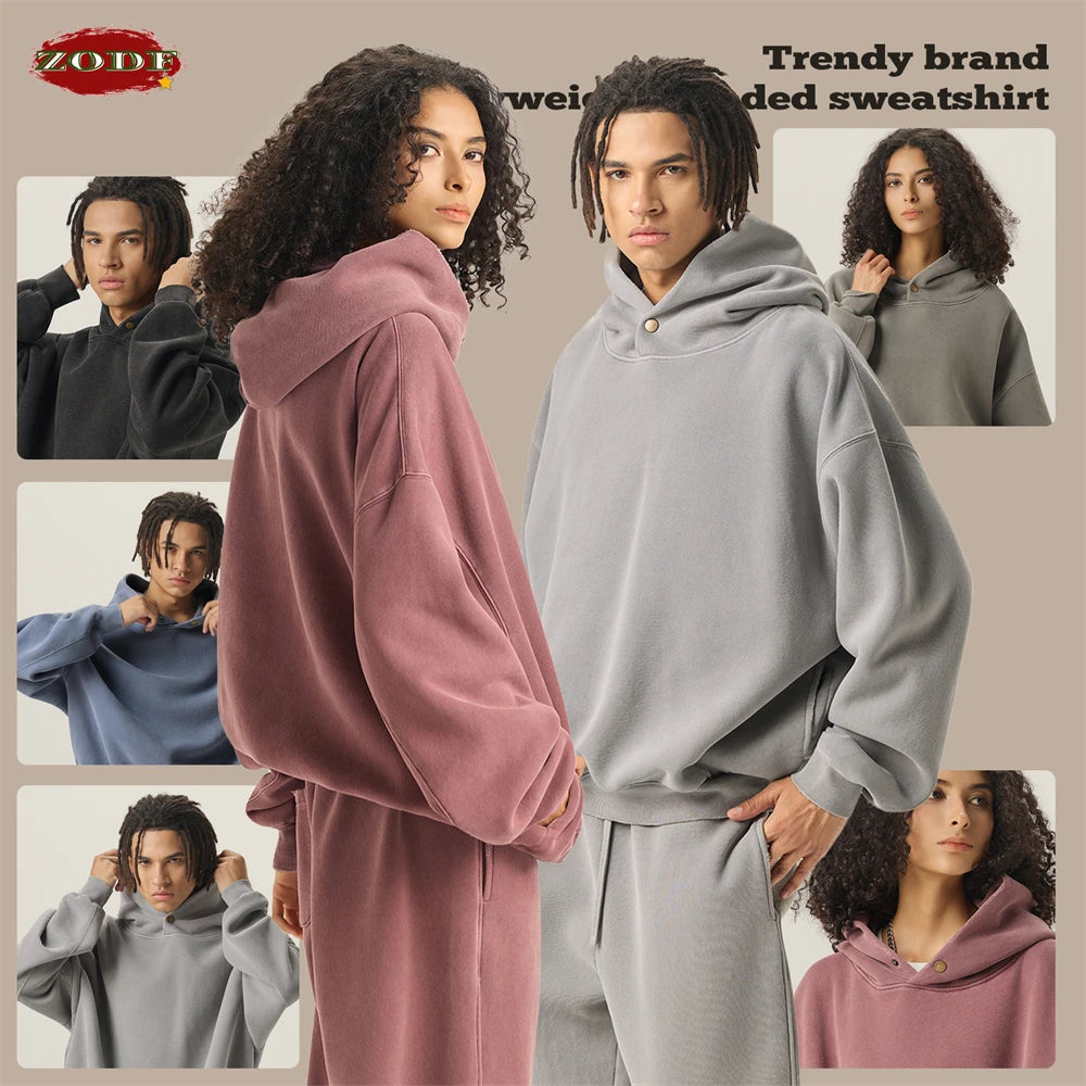 Vintage Mann gewaschen Boxy Fleece Hoodie Unisex lose zerrissene warme Knopf Winter Kapuzenpullover Markenkleidung HY0053