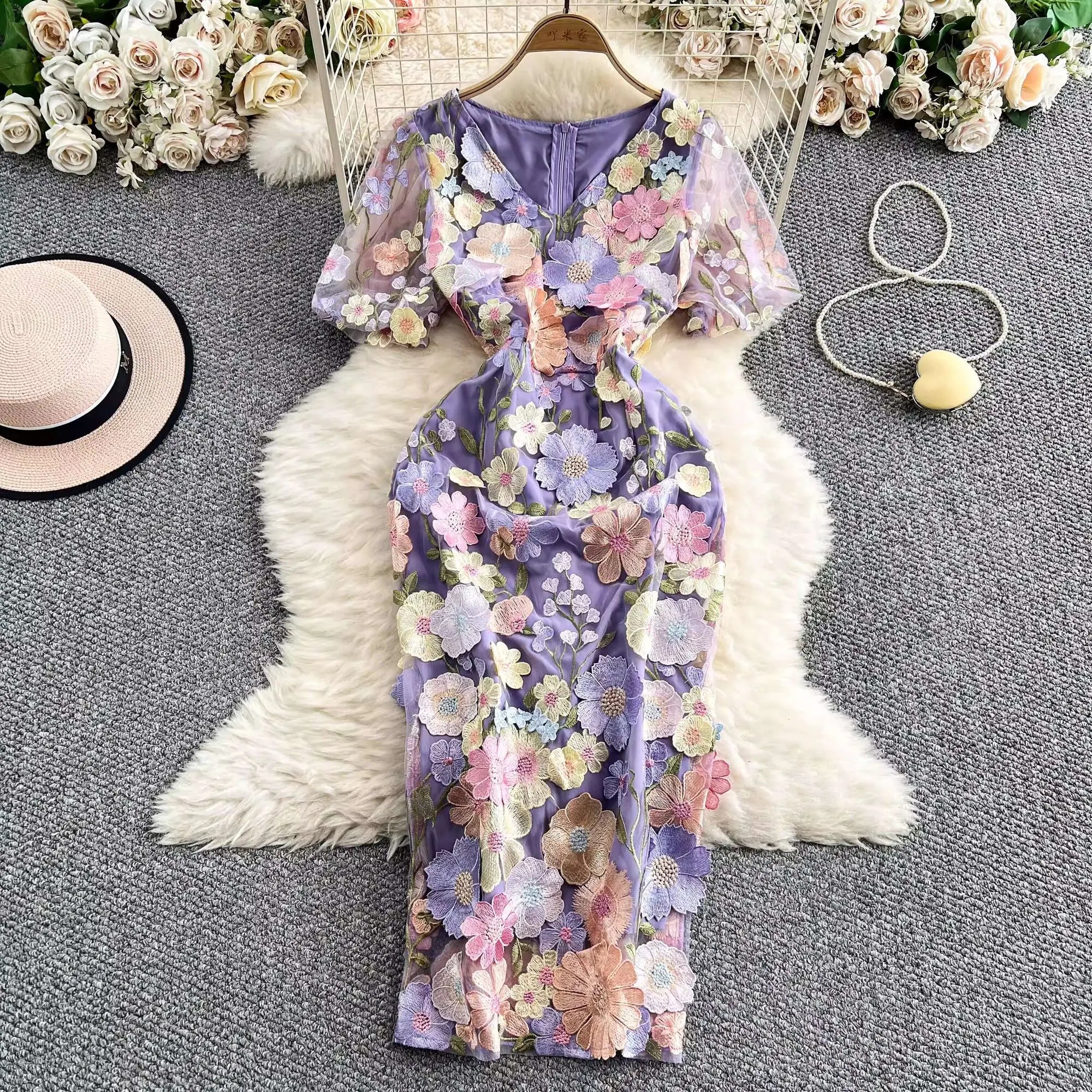 Sommer Luxus Midi Lange Kleider Party Elegante 3D Blume Stickerei Kurzarm Bleistift Tüll Prom Formale Kleid Frauen