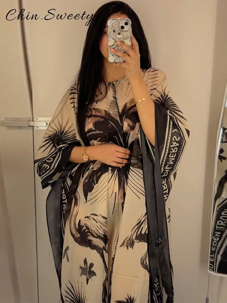 Lose Druck Gefaltete Lange Kleider Frauen Elegante Oansatz Volle Hülse Weibliche Urlaub Kleider 2025, Sommer Dame Dubai Mode Roben