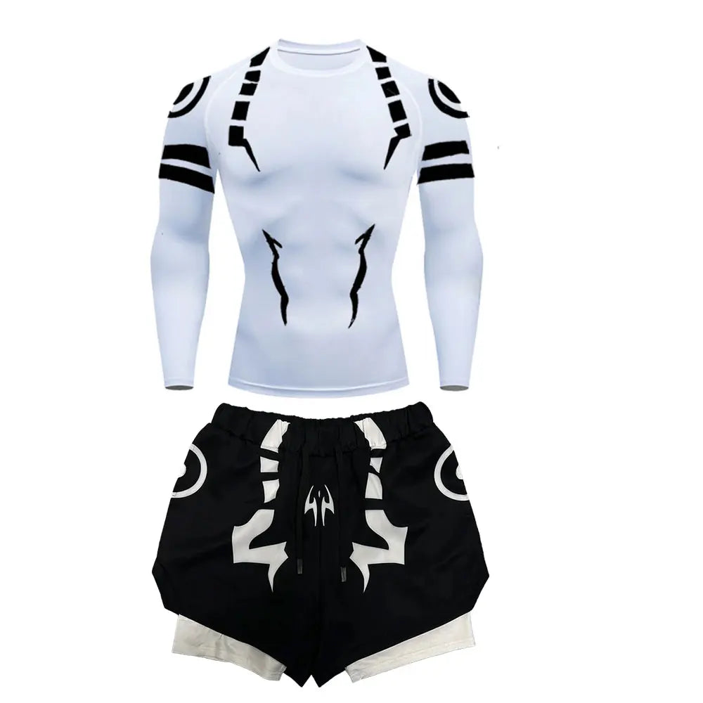 Anime Jujutsu Kaisen Kompressionsset Fitnessanzug für Herren, schnell trocknendes 3D-Kompressionsshirt + Fitnessstudio-Shorts, Lauf-Workout-Sportbekleidung