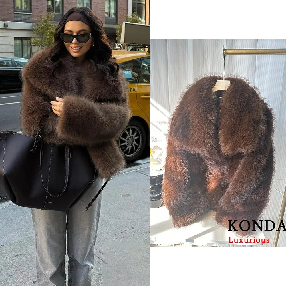 KONDALA Casual Braun Dickes Fell Jacken Frauen Langarm V-ausschnitt Herbst Winter Faux Pelz Mäntel Mode 2025, Streetwear Outwears