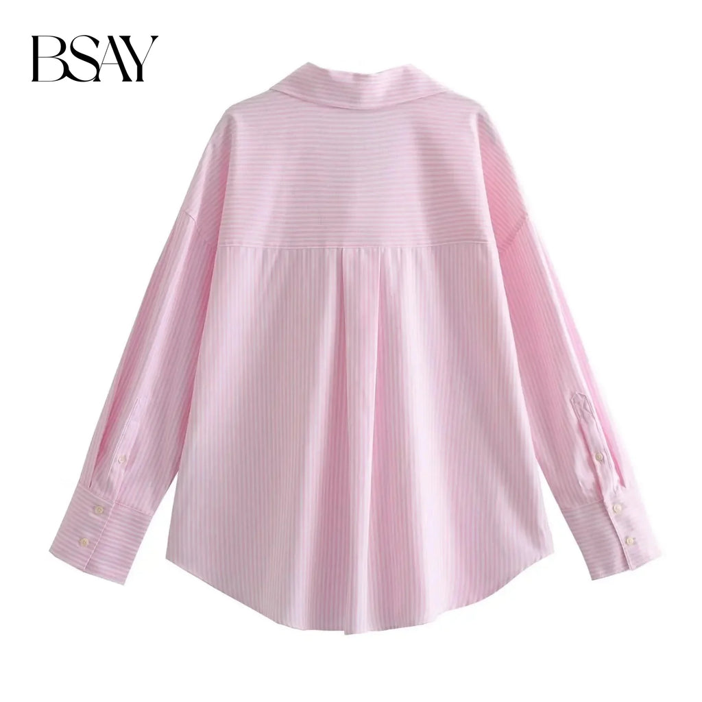 BSAY Frauen Mode Langarm einreiher Revers Baumwolle Oxford Bluse Straße Kleidung Hemd Chic Damen Crop Tops Mujer