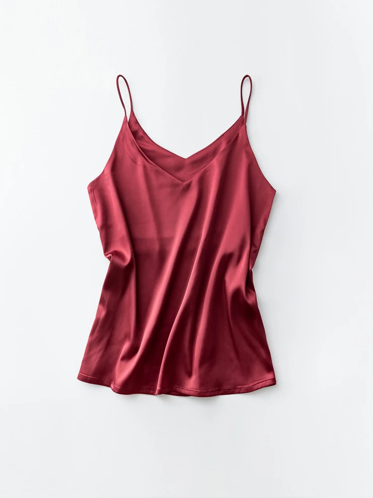 Spaghettiträger-Top für Damen, Neckholder, V-Ausschnitt, Basic, weiß, Cami, ärmellos, Satin-Seiden-Tanktops, Damen-Sommer-Unterhemd