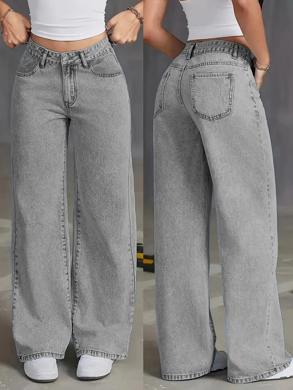 Herbstliche neue hoch taillierte Damenjeans mit weitem Bein – hellgraue gewaschene Jeans, locker und modisch, geeignet für Freizeitkleidung