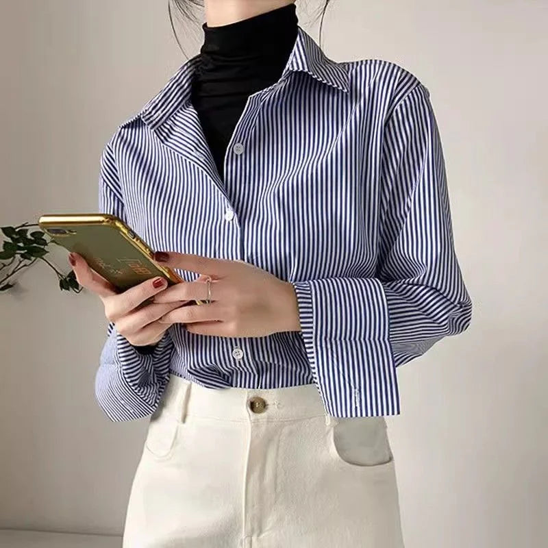 Klassische Gestreifte Frau Frühling Herbst Blusen Hemd Dame Lange Laterne Hülse Stehkragen Lose Blusas Tops