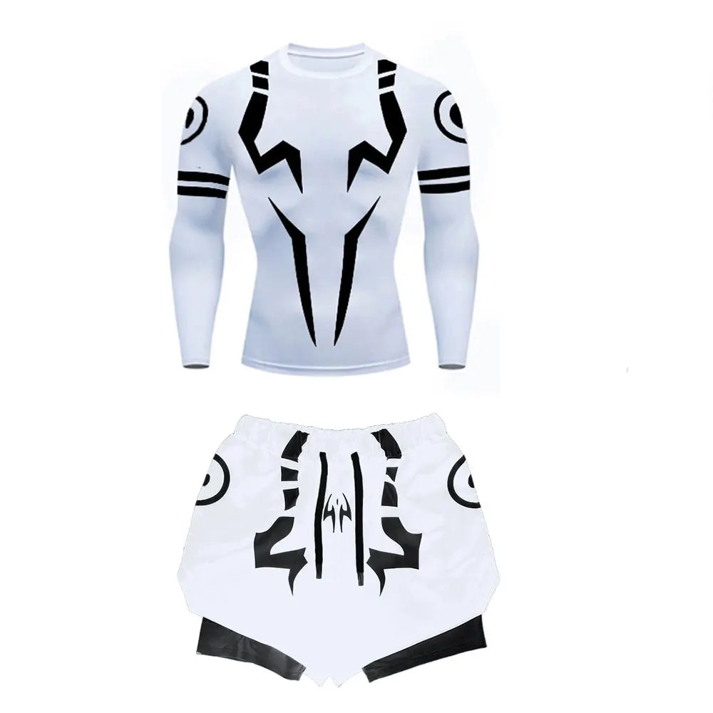 Anime Jujutsu Kaisen Kompressionsset Fitnessanzug für Herren, schnell trocknendes 3D-Kompressionsshirt + Fitnessstudio-Shorts, Lauf-Workout-Sportbekleidung