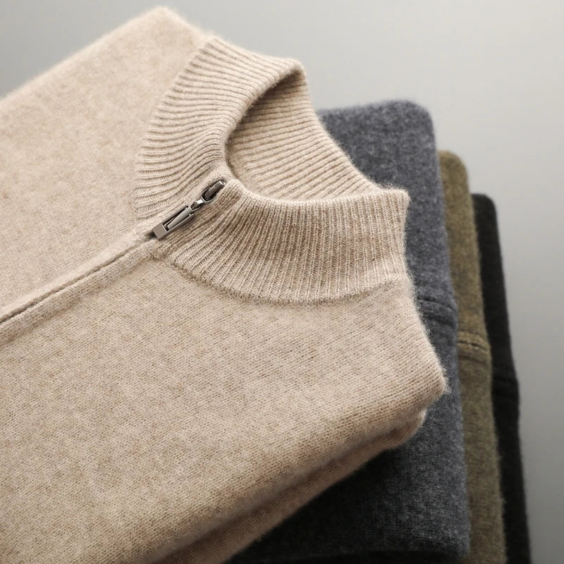 Merinowolle,100 %  warmer Herrenpullover, Stehkragen, verdickte Strickjacke mit Reißverschluss, Herbst-Winter, neue Kaschmir-Strick-Langarm-Tops