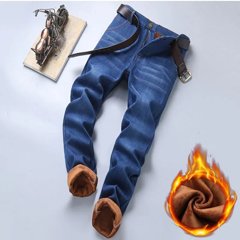 Männer Neue Mode Winter Warme Jeans Männlichen Fleece Gefüttert Verdickte Denim Hosen Lose Gerade Bequeme Casual Schwarz Blau Hosen