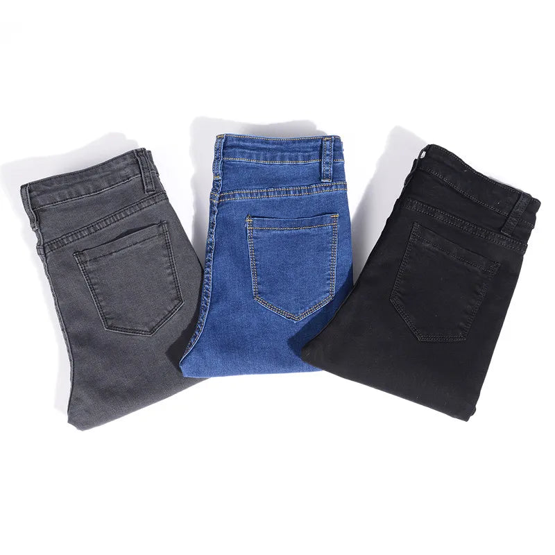 Jeans für Frauen Mom Jeans Blau Grau Schwarz Frau Hohe Elastische Stretch Jeans Weibliche Gewaschene Denim Skinny Bleistift Hosen