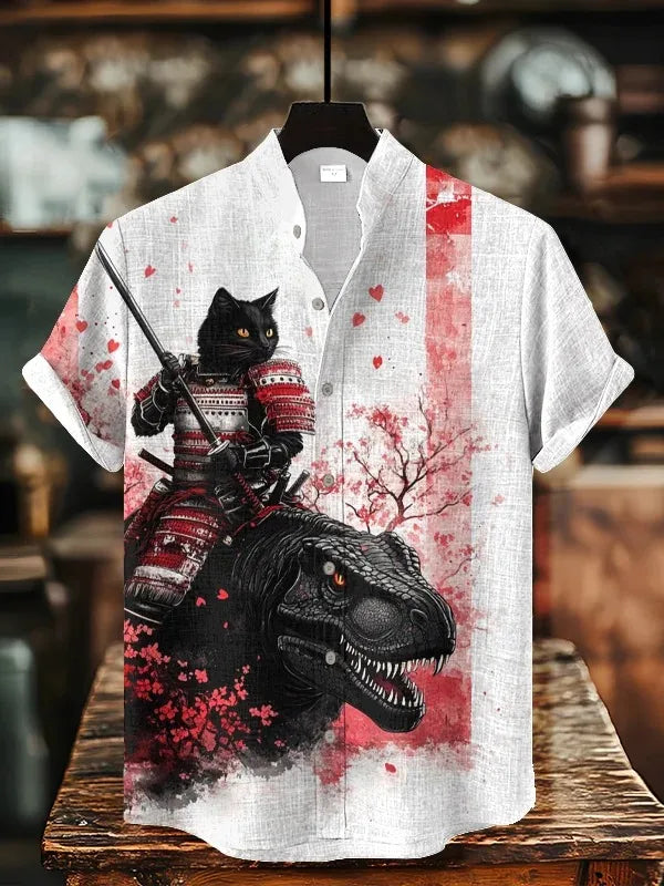 Herren-Retro-Katzenhemd mit lustigem Kalligrafie-Dinosaurier-Vulkaneruption-Print, kurzärmelig, Urlaubsmode, Vintage japanische Kleidung