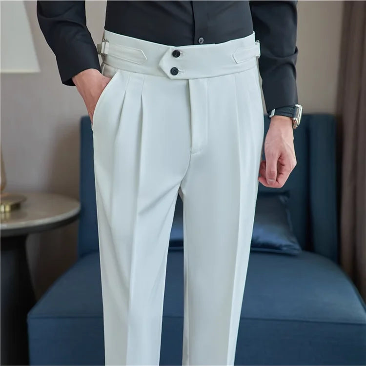2026 Frühling Herbst Männer Hohe Taille Gürtel Design Beiläufige Dünne Formale Kleid Hose Männer Sozialen Büro Hochzeit Party Kleid Anzug Hosen