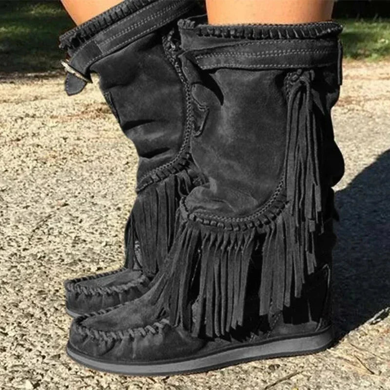 Piraten Stiefel Frau Plissee Quaste Mid-kalb Stiefel Frauen Nähen Schuhe Schnalle Leder High Heels Schuhe Weibliche Plus Größe Zip